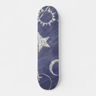 Charming Mystique Silver Måne Stars Sol Amulet Mini Skateboard Bräda 18,5 Cm