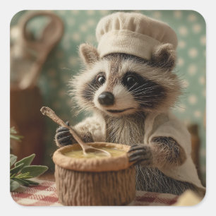 Charming och Cute Raccoon Chef Stirring a Bowl Fyrkantigt Klistermärke