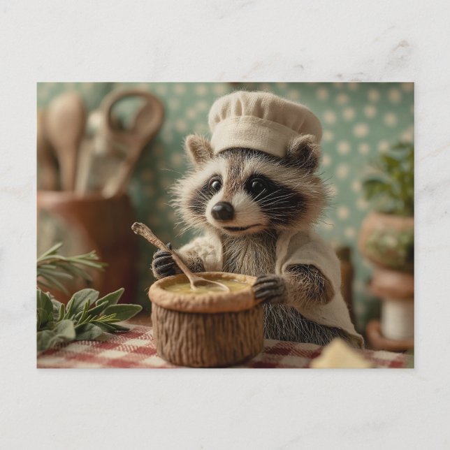 Charming och Cute Raccoon Chef Stirring a Bowl Helg Vykort (Framsida)