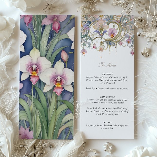 Charming Orchids Bröllop Menu Delicate Pastel Inbjudningar (Skapare uppladdad)