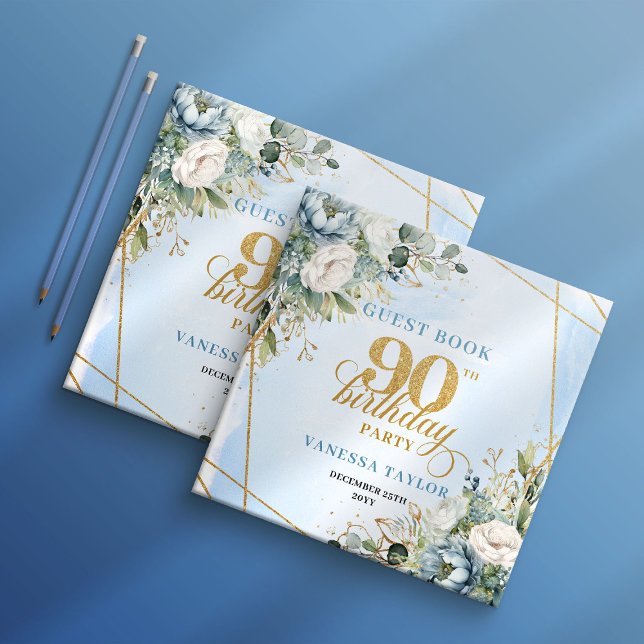 Charming Pastel Blue Gold 90th Birthday Sign In Gästböcker (Charming Pastel Blue Gold 90th Birthday Sign In)