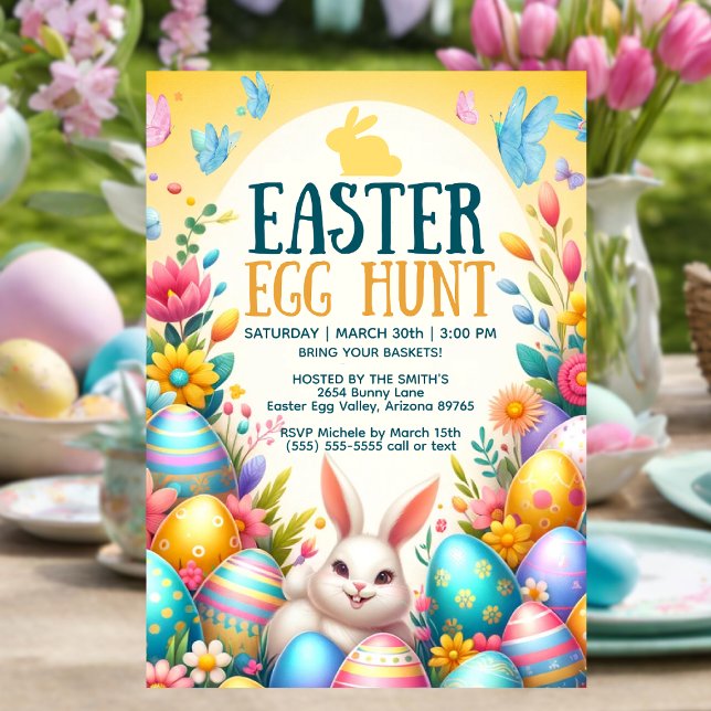 Charming Pastel Påskägg Hunt-inbjudan Inbjudningar (Easter Egg Hunt invitation on table.)
