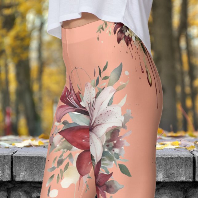 Charming Peach Rosa Blommigt Bouquets Mönster Leggings (Bouquets on Peach)
