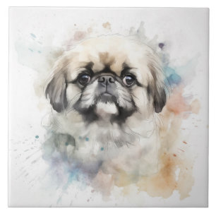Charming Pekingese Watercolor Hund Porträtt Kakelplatta
