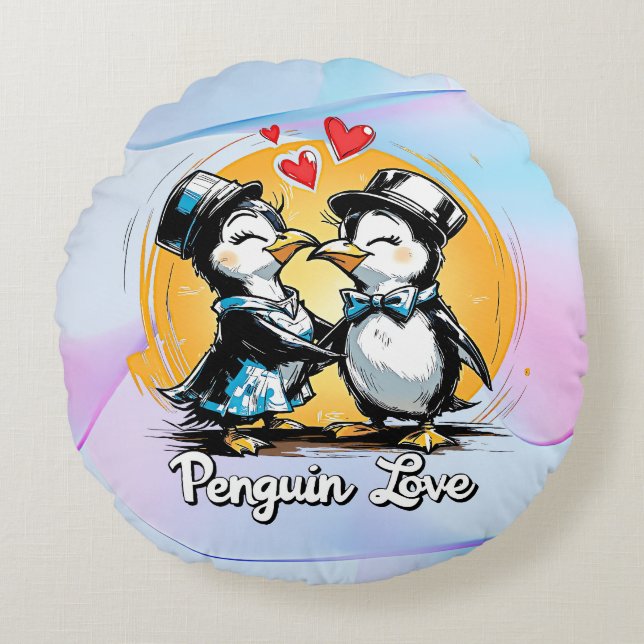 Charming Penguin Couple Rund Kudde (Framsidan)