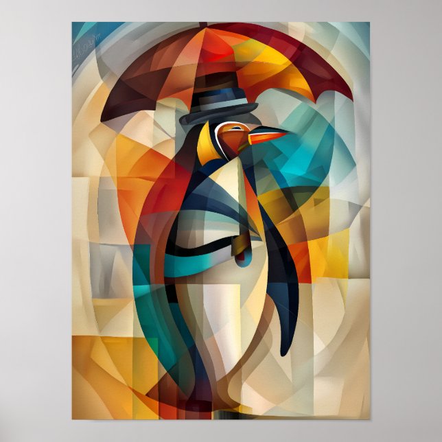 Charming Penguin – Kubistisk Dandy i Regnet Poster (Framsidan)