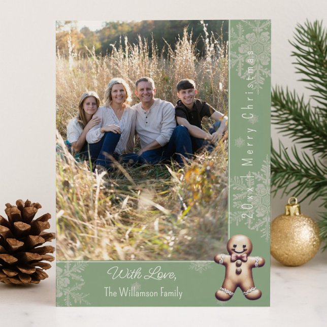 Charming Pepparkaksgubbe | Gröntens fotokort Julkort (Green Charming Gingerbread Man Holiday Photo Card)