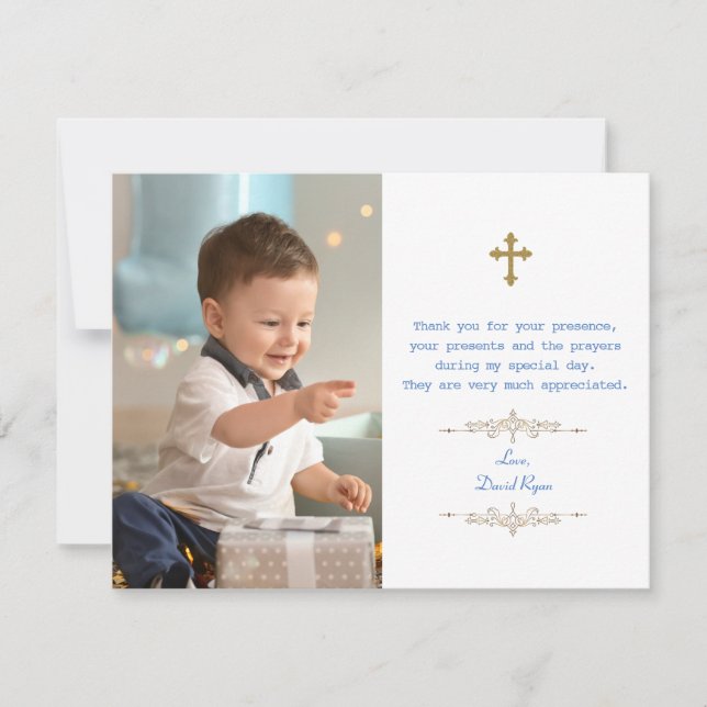 Charming Photo Boy Guld Kor Baptism Tack Kort (Framsida)