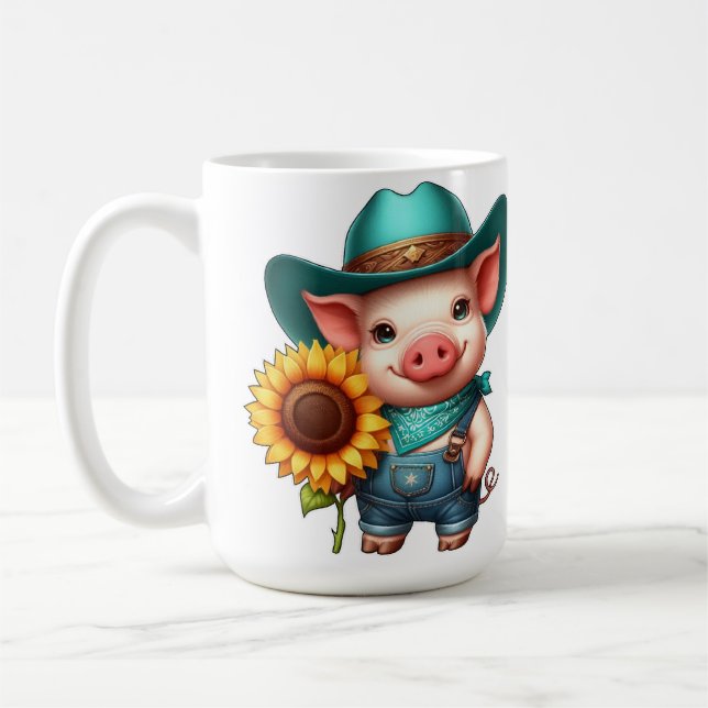 Charming Piglet in Cowboy Attire with Solros Kaffemugg (Vänster)