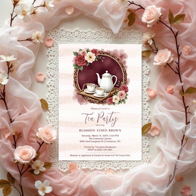 Charming Pink Vintage Tea Set Bridal Shower Inbjudningar (Charming Sophisticated Pink Vintage Tea Set Bridal Shower Invitations Cards Design. )