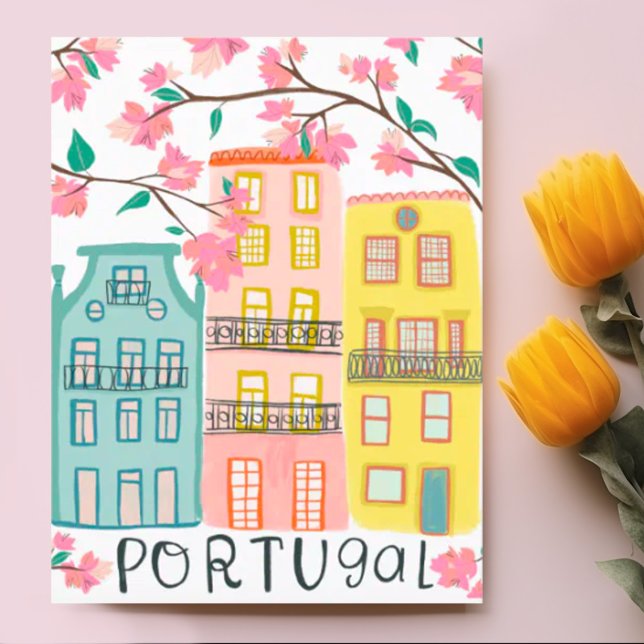 Charming Portugal house Handmade Artwork Anpassnin Vykort (Sweet custom art of houses in Porto Portugal with pink flowers. Add your own text)