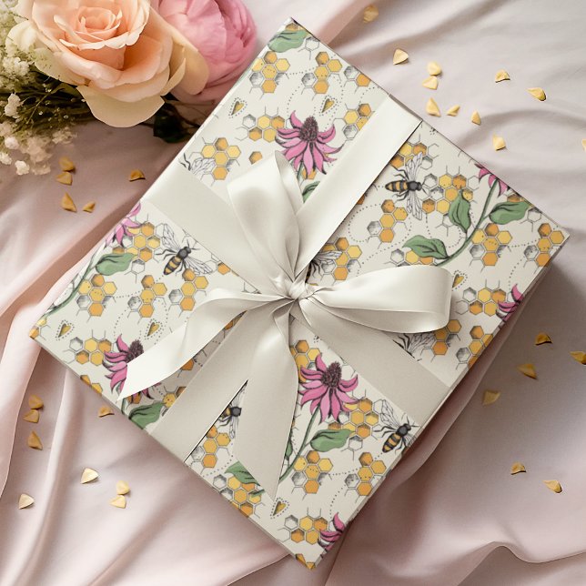 Charming Queen Bee, Honeycomb & Exotic Flowers Presentpapper (Elegant Hand-Drawn Buzzing Queen Bee, Honeycomb & Pink Exotic Flower Gift Wrap for Nature Lovers.)