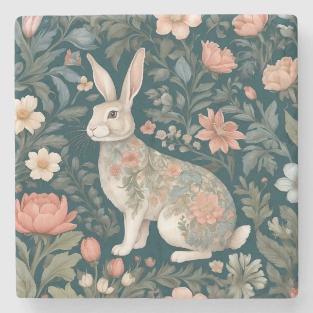 Charming Rabbit William Morris Inspired Blommigt Stenunderlägg (Framsidan)
