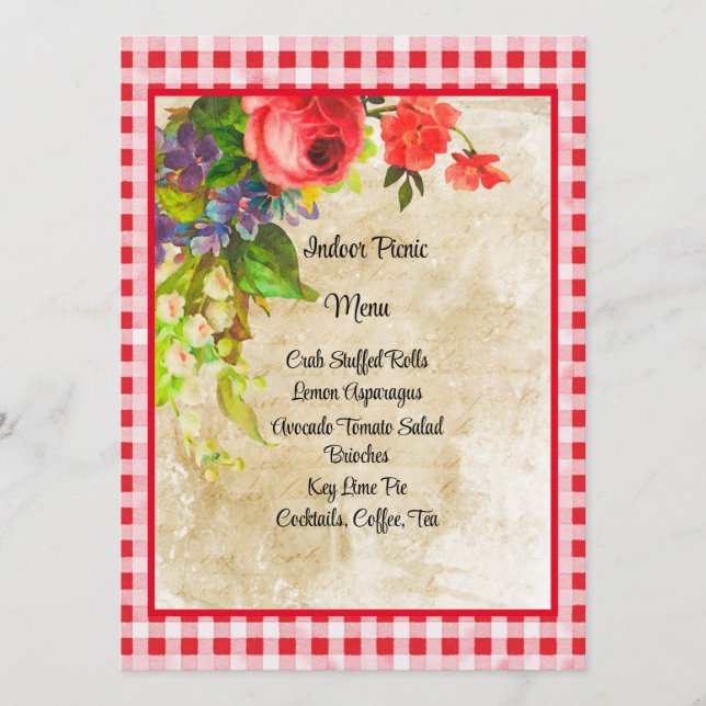 Charming Red Gingham och Flowers Menu Card Meny (Framsida)