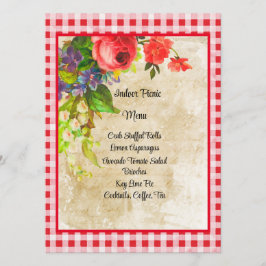Charming Red Gingham och Flowers Menu Card Meny