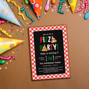 Charming Red Gingham Pizza Party Birthday Inbjudningar