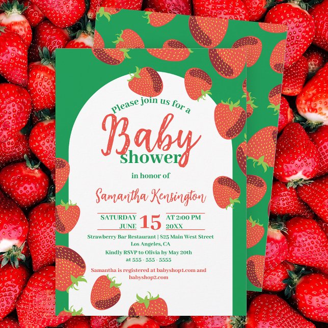 Charming Red Strawbär på Grönt Baby Shower Inbjudningar (Skapare uppladdad)
