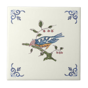 Charming Repro Delft Bird på Gren w/Berries Kakelplatta