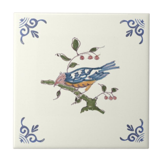 Charming Repro Delft Bird på Gren w/Berries Kakelplatta (Framsidan)