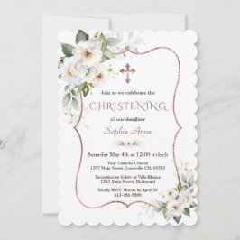 Charming Ro Guld White Cream Flowers Christening Inbjudningar
