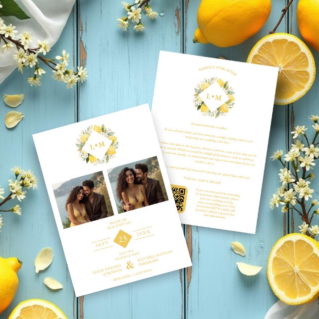 Charming Romantic Cluster Lemons Initials 2-Photos Spara Datumet (Charming Romantic Lemon Clusters with Initials and Two Photos Wedding Save the Date Cards.)