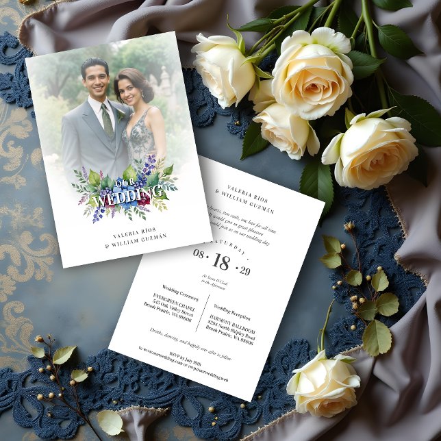 Charming Romantic Floral & Transparency Overlay Inbjudningar (Charming Romantic Floral & Transparency Overlay Wedding Invitation Cards with Photo.)