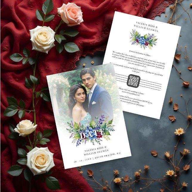 Charming Romantic Floral & Transparency Overlay Spara Datumet (Charming Romantic Floral & Transparency Overlay Wedding Save the Date Cards with Photo and QR Code.)