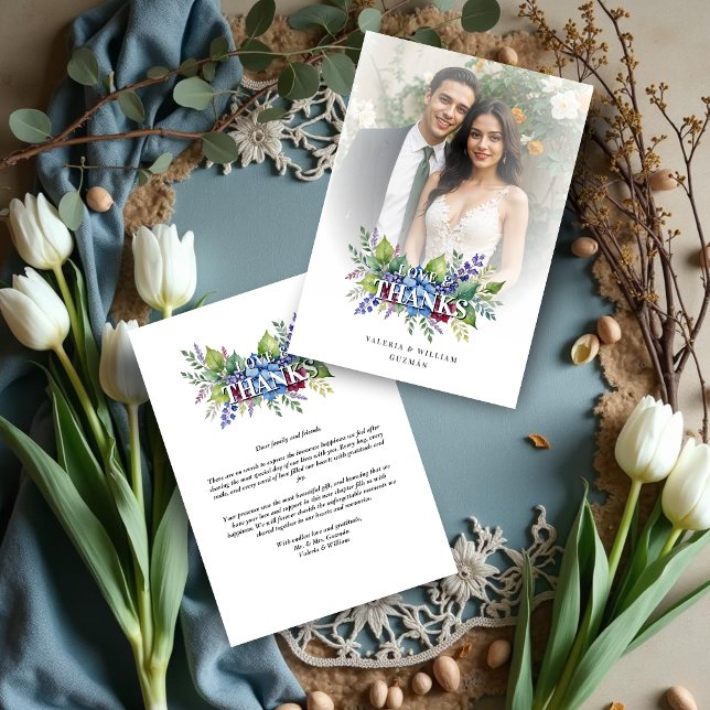 Charming Romantic Floral & Transparency Overlay Tack Kort (Charming Romantic Floral & Transparency Overlay Wedding Thank You Card with Photo. )