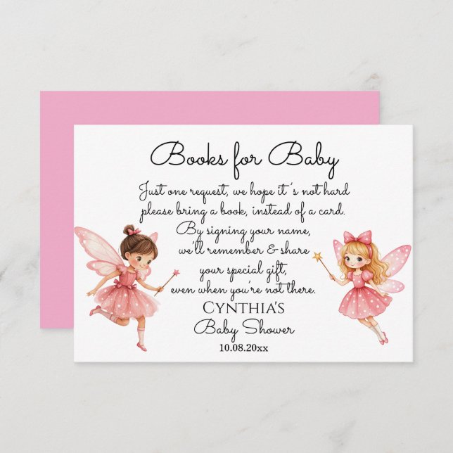 Charming Rosa Älvor Bokar for Baby Shower Tilläggskort (Fram/baksida)