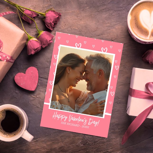 Charming Rosa and White Heart med Anpassningsbar P Julkort (Charming Pink and White Heart with Custom Photo Holiday Card)