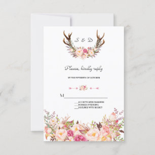 Charming Rosa  Blommigt Antlers Bröllop OSA Kort