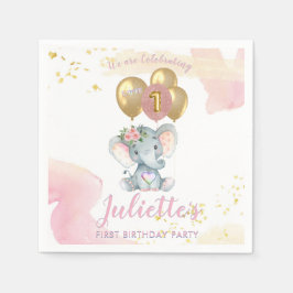 Charming Rosa Blommigt Elephant First Birthday Gir Pappersservett