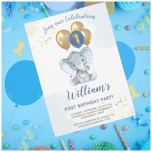 Charming Rosa Blue Elephant First Birthday Boy Inbjudningar