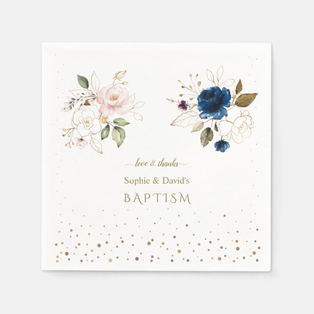 Charming Rosa Blue Guld Flowers Twillingar Baptism Pappersservett (Framsidan)