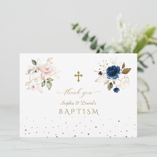 Charming Rosa Blue Guld Flowers Twillingar Baptism Tack Kort (Stående Fram)
