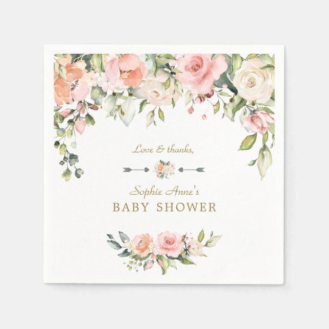 Charming Rosa  Cream Flowers Baby Shower Pappersservett (Framsidan)