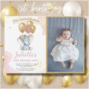 Charming Rosa Elephant Photo First Birthday Girl Inbjudningar