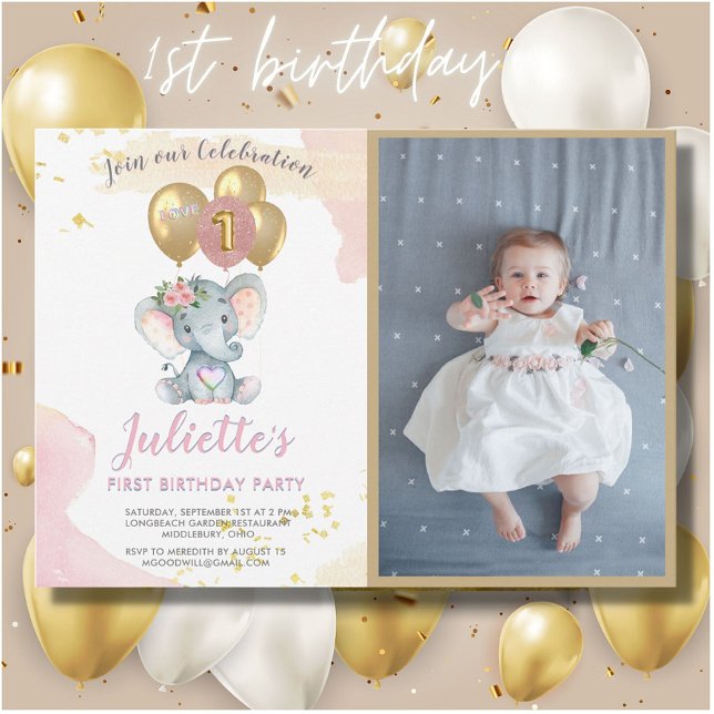 Charming Rosa Elephant Photo First Birthday Girl Inbjudningar (Skapare uppladdad)