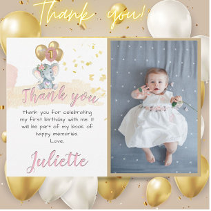 Charming Rosa Elephant Photo First Birthday Girl Tack Kort