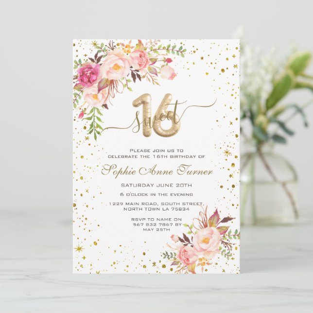 Charming Rosa Flowers Guld Confetti Sweet 16 Inbjudningar (Stående Fram)