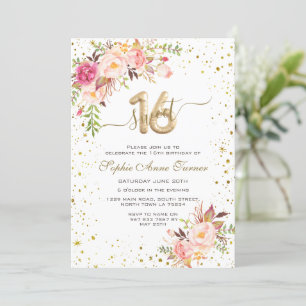 Charming Rosa Flowers Guld Confetti Sweet 16 Inbjudningar