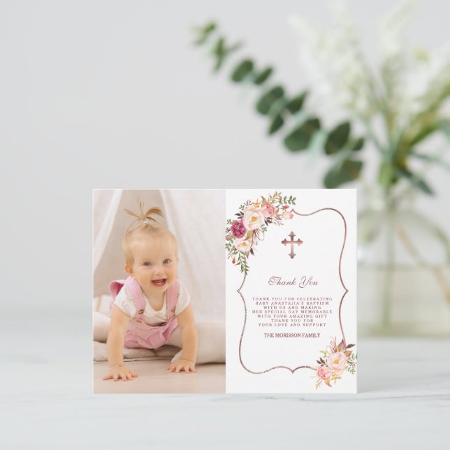 Charming Rosa Flowers Guld Photo Girl Baptism Tack Kort (Stående Fram)
