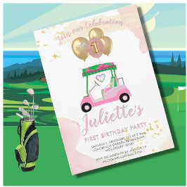 Charming Rosa Golf Cart First Birthday Girl Inbjudningar