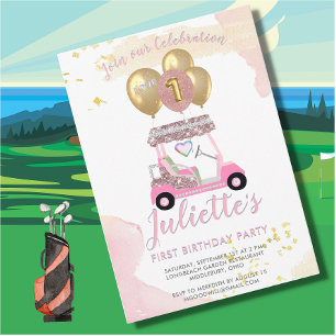 Charming Rosa Golf Cart First Birthday Girl Inbjudningar