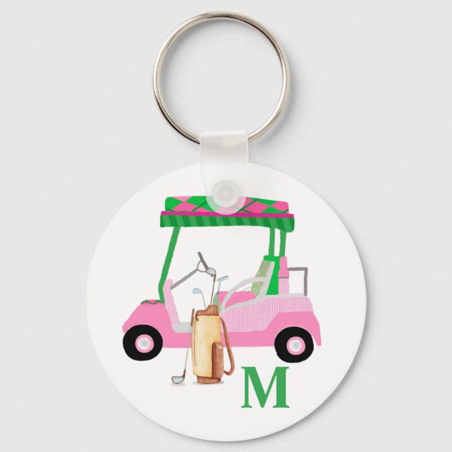 Charming Rosa Golf Cart med Klubbar och Monogram Nyckelring (Framsida)
