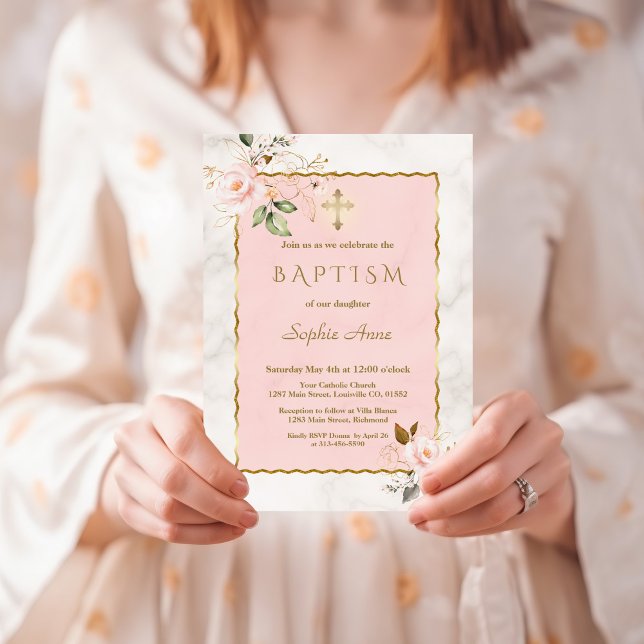 Charming Rosa  Guld Flowers Marble Baptism Inbjudningar (Skapare uppladdad)