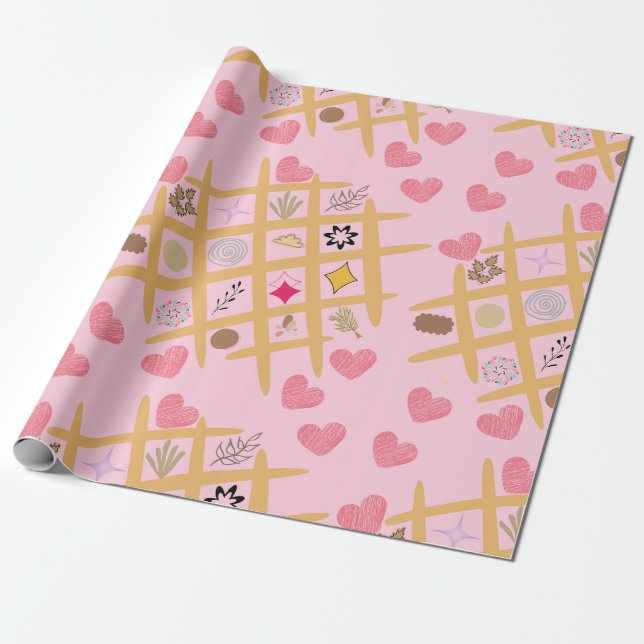 Charming Rosa Heart and Abstrakt Patterned Presentpapper (Utrullad)