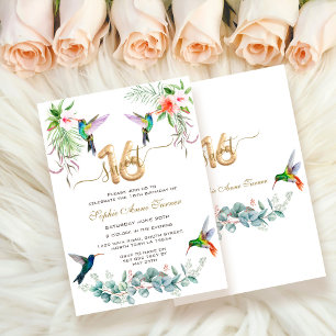 Charming Rosa Hibiscus Humming bird Sweet 16 Inbjudningar