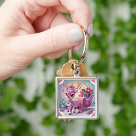 Charming Rosa Reindeer jul Ornament Fyrkantig Silverfärgad Nyckelring