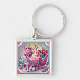 Charming Rosa Reindeer jul Ornament Fyrkantig Silverfärgad Nyckelring